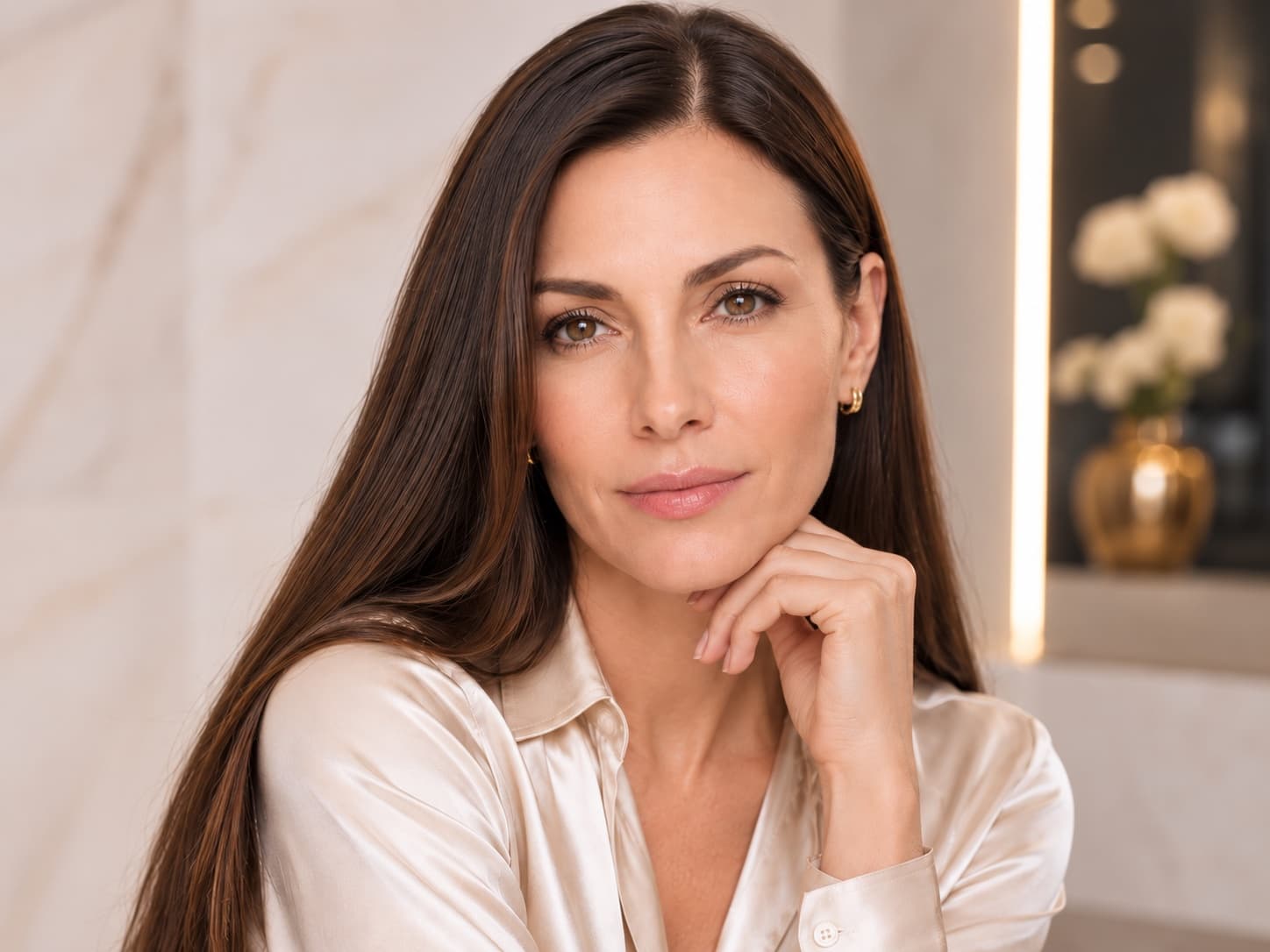Portrait of a woman with long dark hair in a silk blouse, her facial skin smooth and wrinkle-free