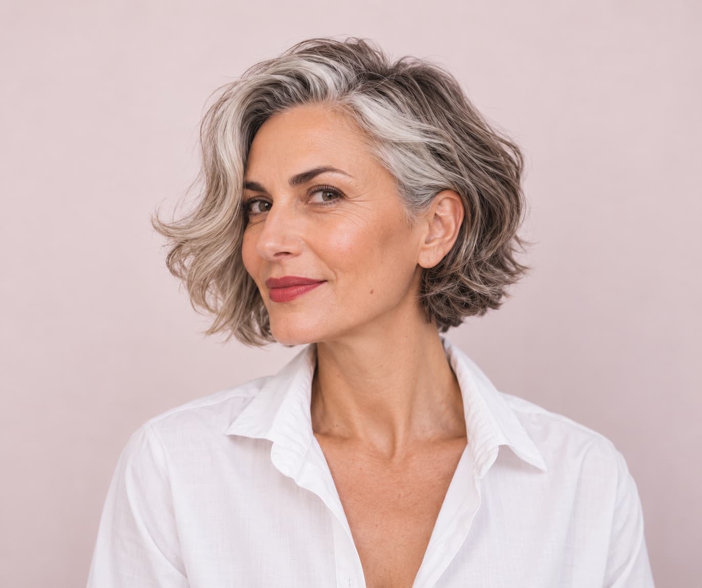 Portrait of a smiling woman with short gray hair in a white shirt