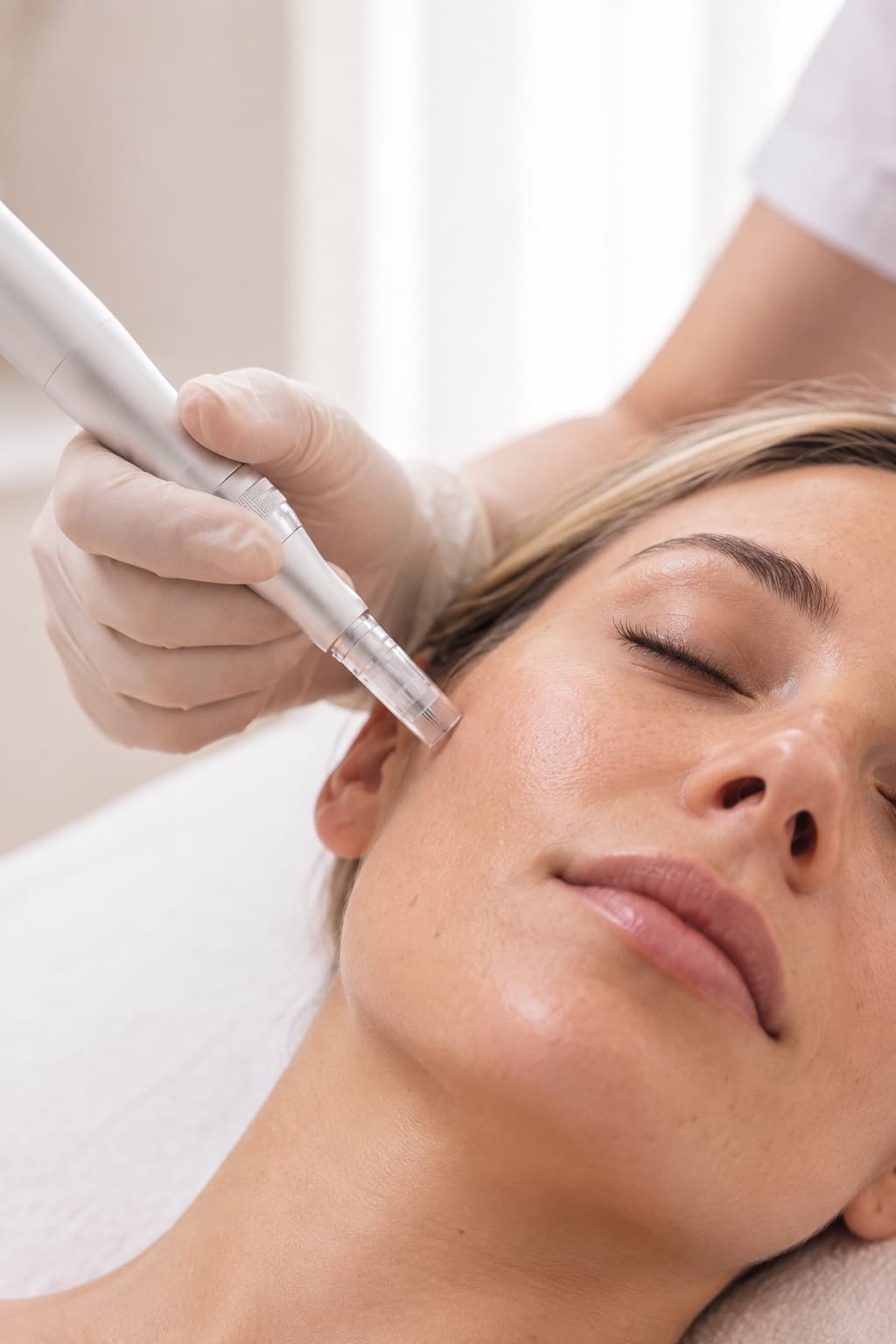 A gloved hand guiding a Dermapen device across the cheek of a woman lying down for treatment