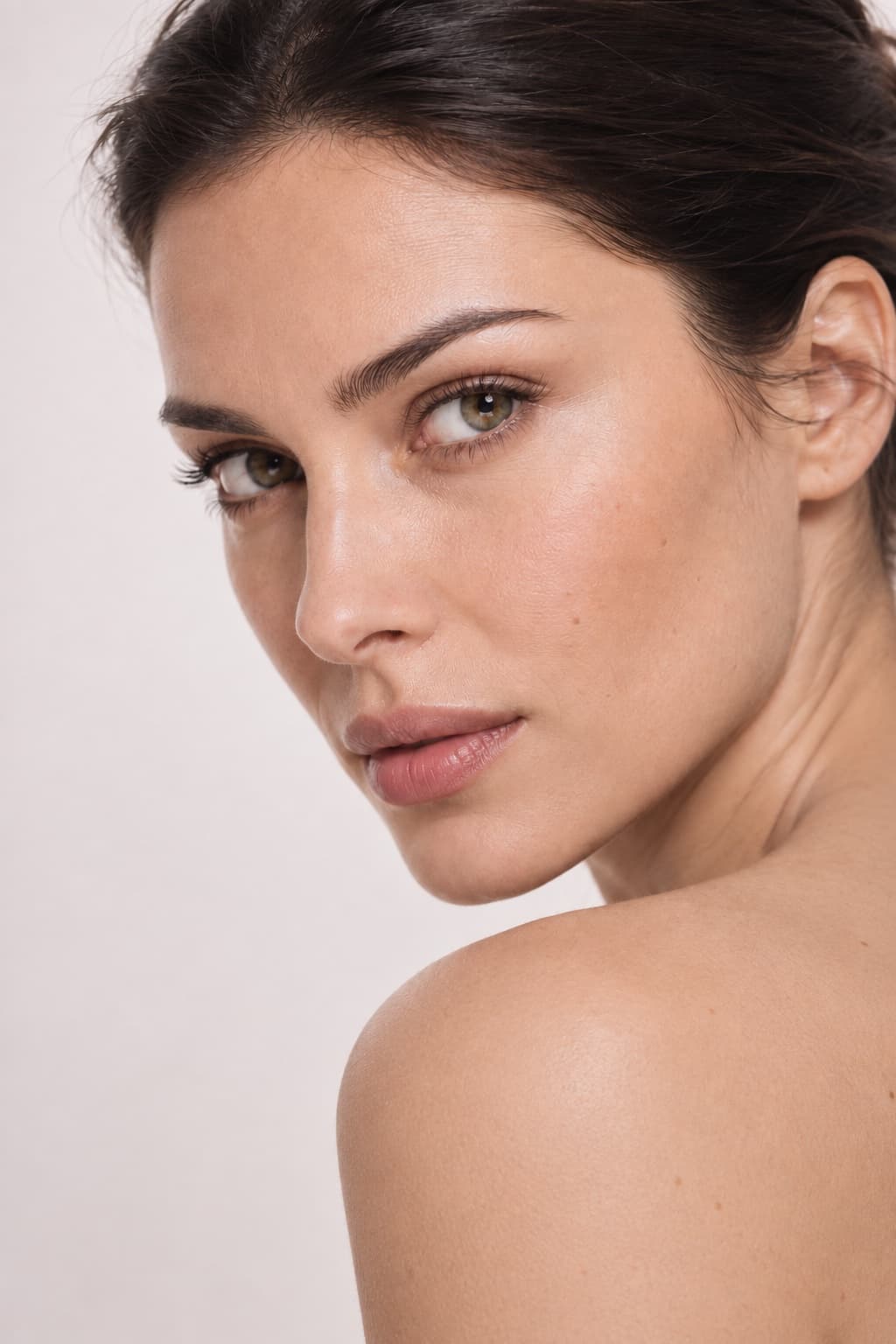 Dark-haired woman looking over her shoulder, her facial skin radiant and even