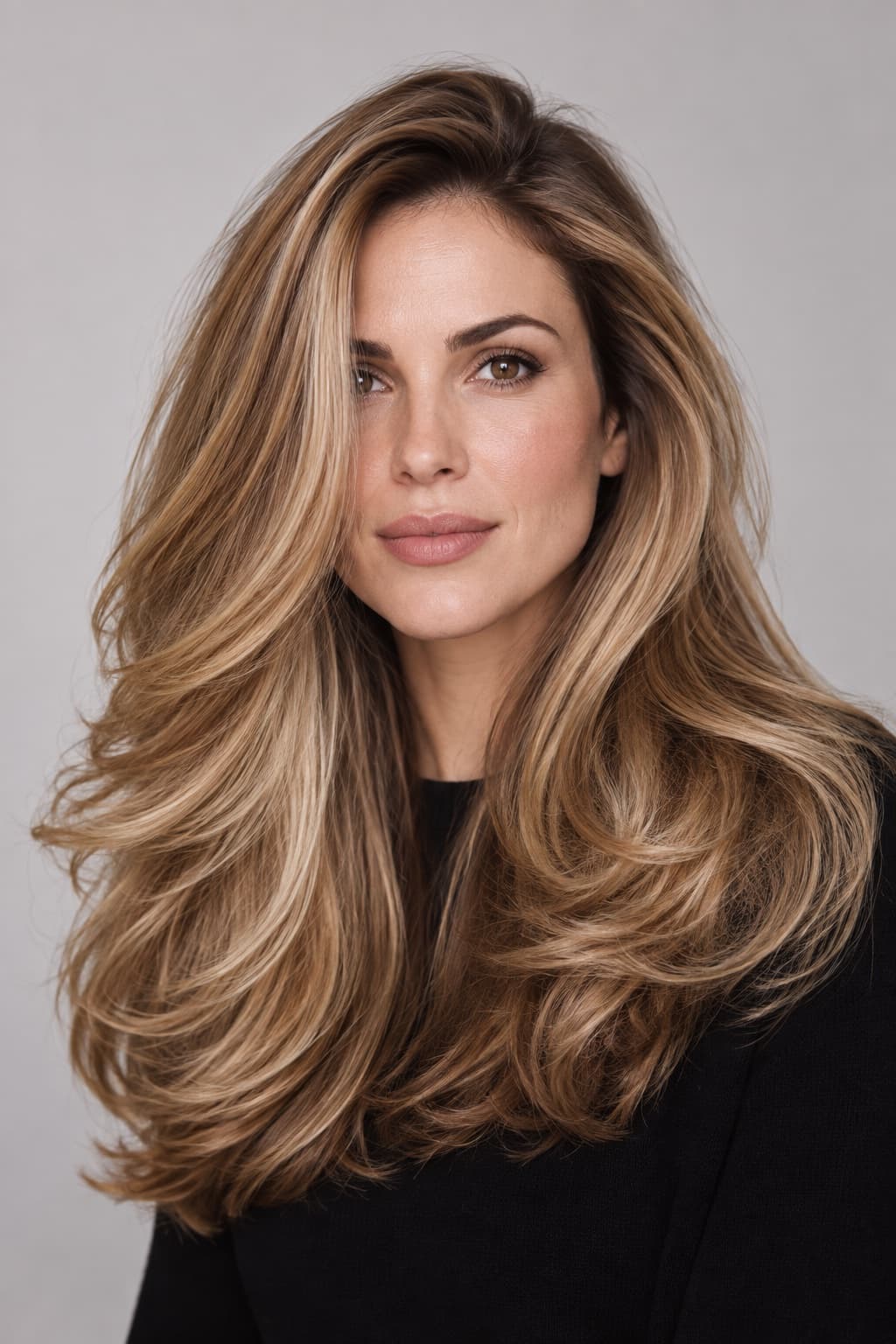 Portrait of a woman with thick, glossy, wavy blonde hair