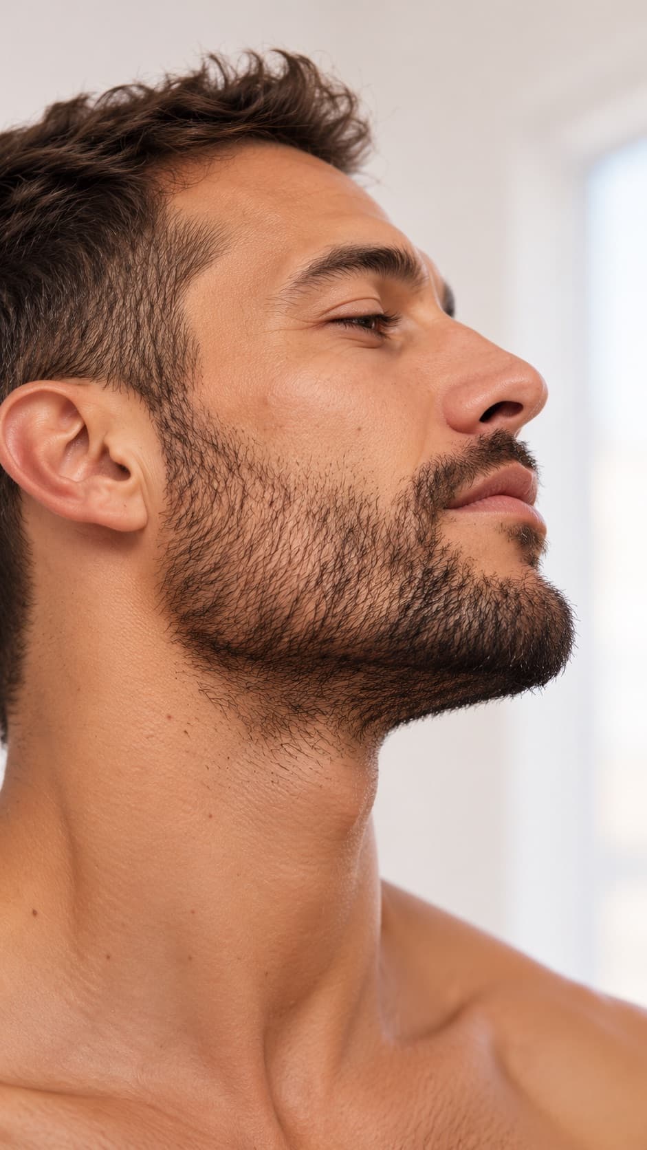Man with a short beard in profile, the skin of his face and neck smooth and even